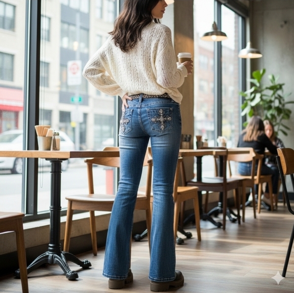 Miss Me Jeans Womens 28 Blue Low-Rise Easy Boot Embellished Denim Cross Y2K - Picture 2 of 14